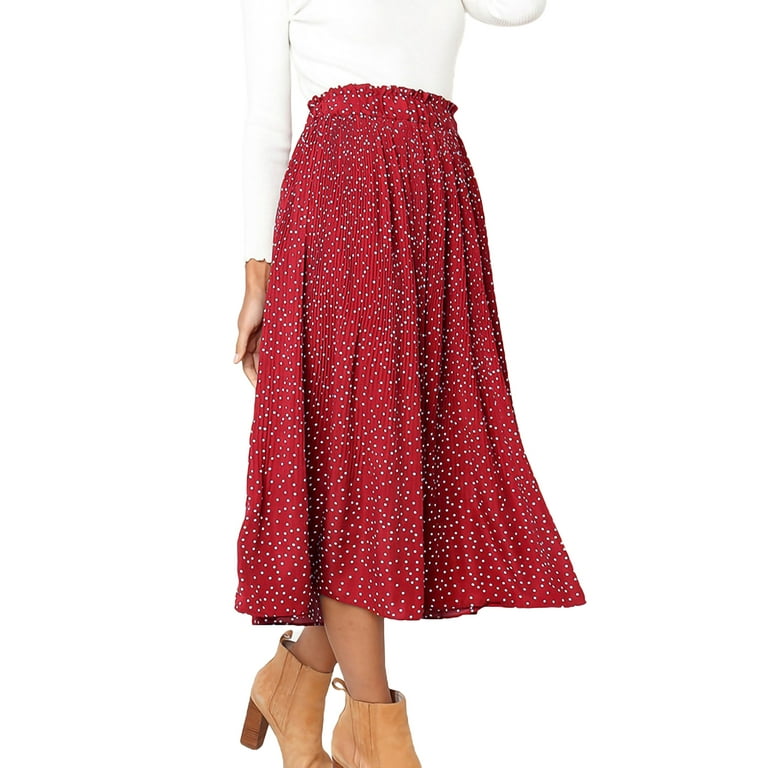 Blotona Women Vintage Midi Skirt Polka Dot High Elastic Waist Pleated A Line Long Skirt Fairycore Swing Skirt Streetwear
