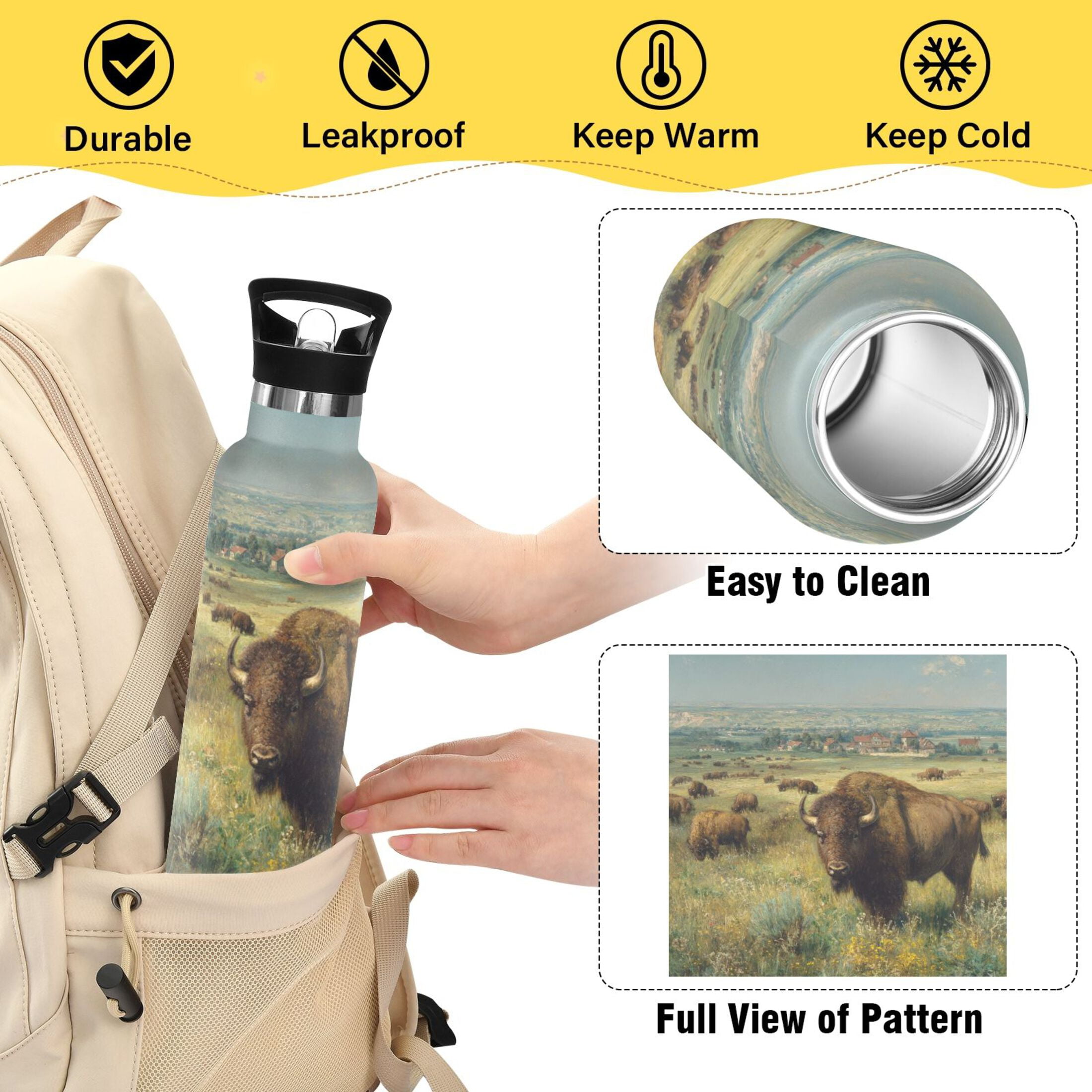 Kids Insulated Stainless Steel Sports Water Bottle 600ml (20oz) Buffalo Herd Oil Painting
