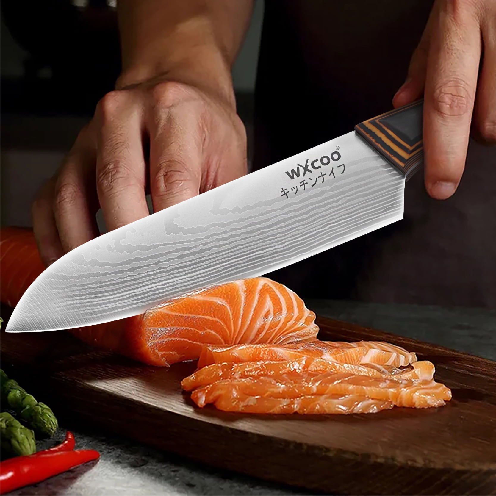 3-Piece Damascus Pattern Kitchen Knife Set, Wood Grain Handle Stainless Steel Chef Knives with Blade Guards, Sharp Multi-purpose Cooking Cutlery for Home Kitchen