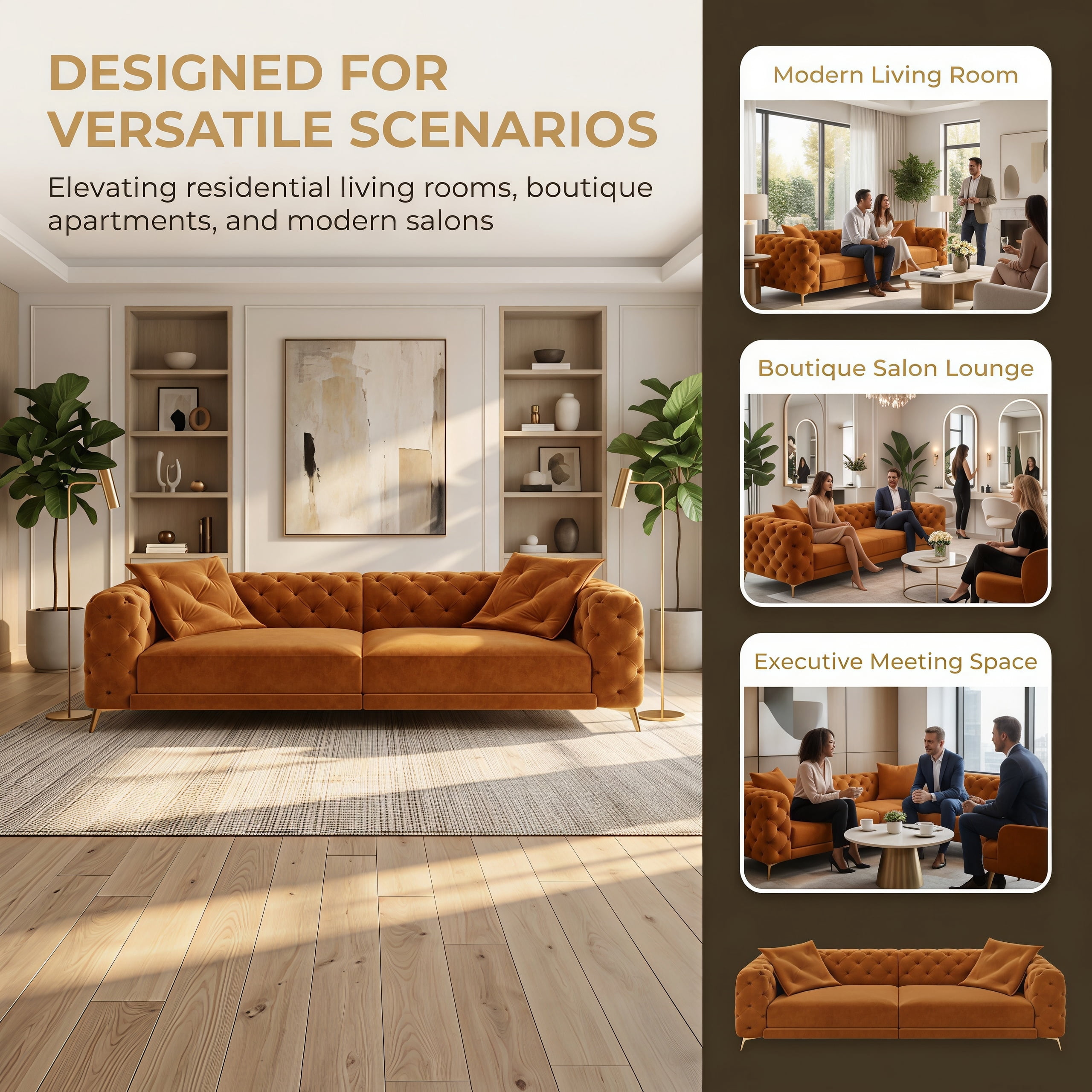 3-in-1 Velvet Sleeper Sofa Bed, 97.7" Modern Button Tufted Convertible Pull Out Couch with Gold Metal Legs & Deep Seat for Living Room, Orange