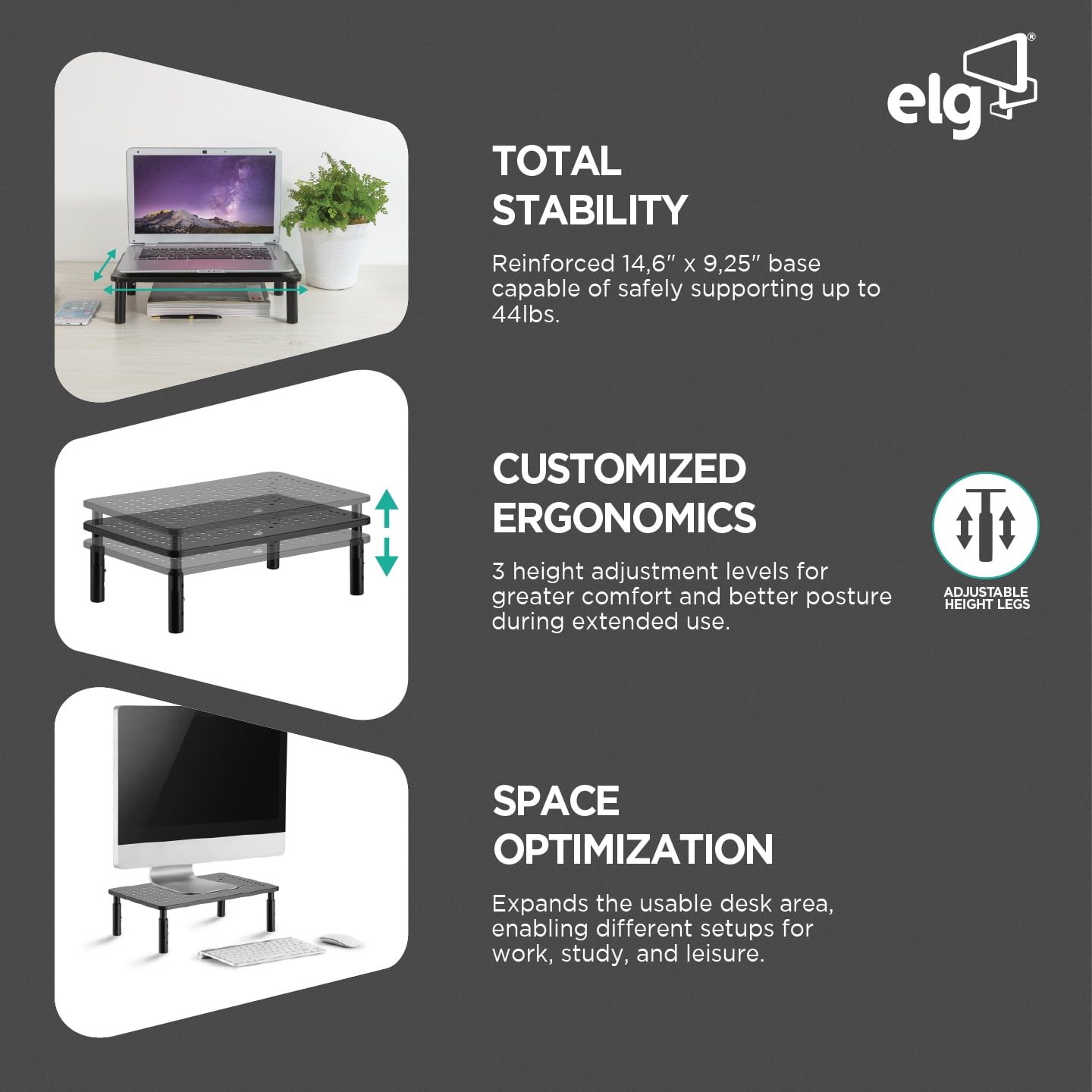 ELG Desktop Monitor Stand and Laptop Riser, Adjustable Height Steel Organizer, 44 lb Capacity, Black, 2 Pack