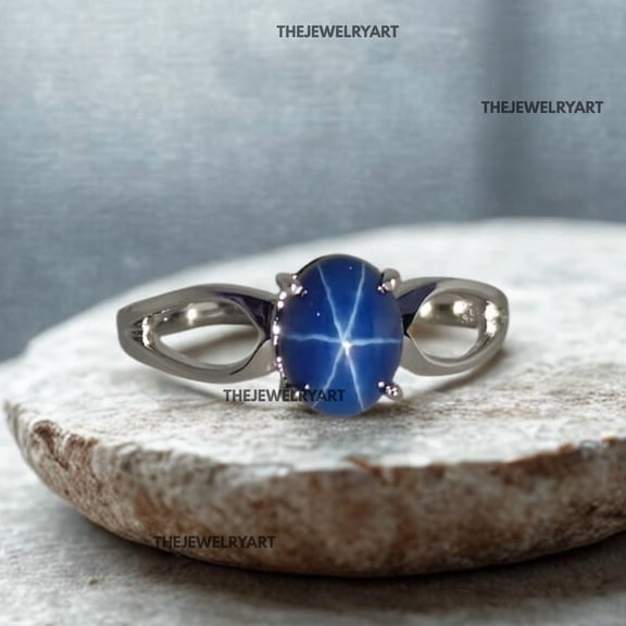 thejewelryart Natural Blue Star Sapphire Gemstone with Six-Ray Ring 925 Sterling Silver, Elegant Handcrafted Jewelry Gift for Women Silver 3