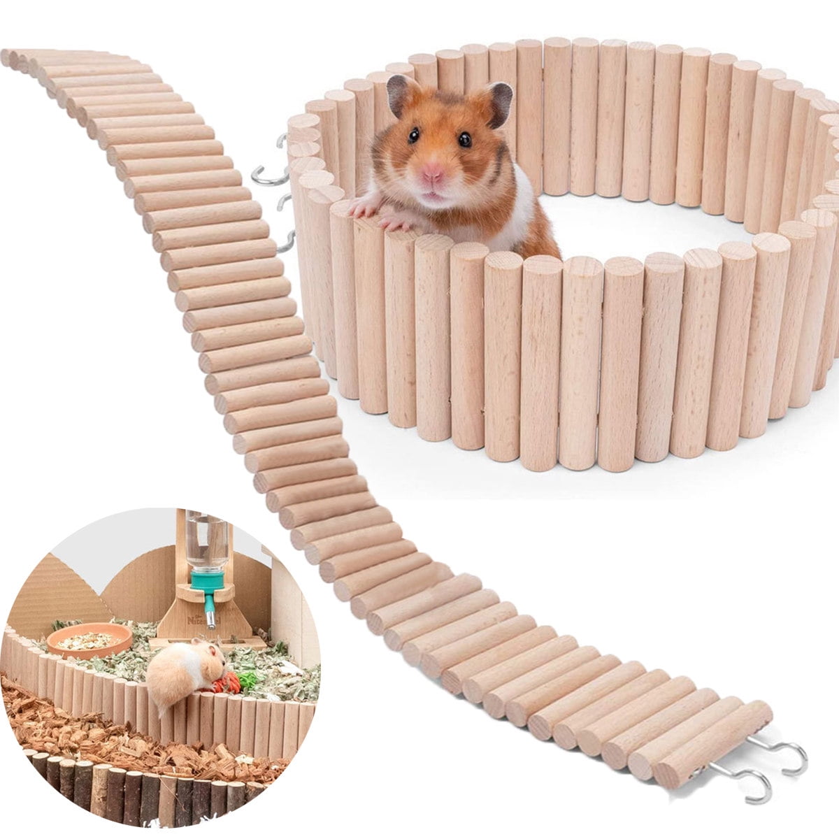 Dwarf Hamster Cage Accessories Suitable for Syrian Hamster and Other Small Animal Hamster Toys Set 5 Pack Wooden Gerbil Hideout Rainbow Bridge Pet Exercise Toys Set and Seesaw Swing 
