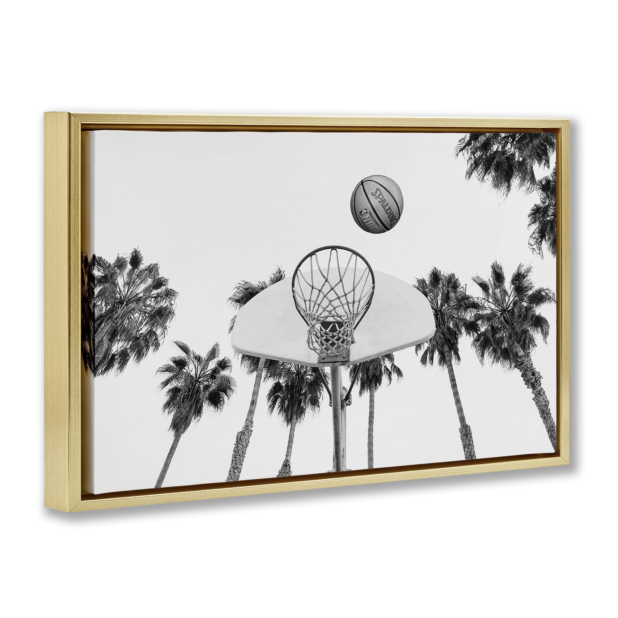 Stupell Industries Basketball Hoop with Palms Sports Painting Gold Floater Framed Canvas Art Print Wall Art, 31 x 21