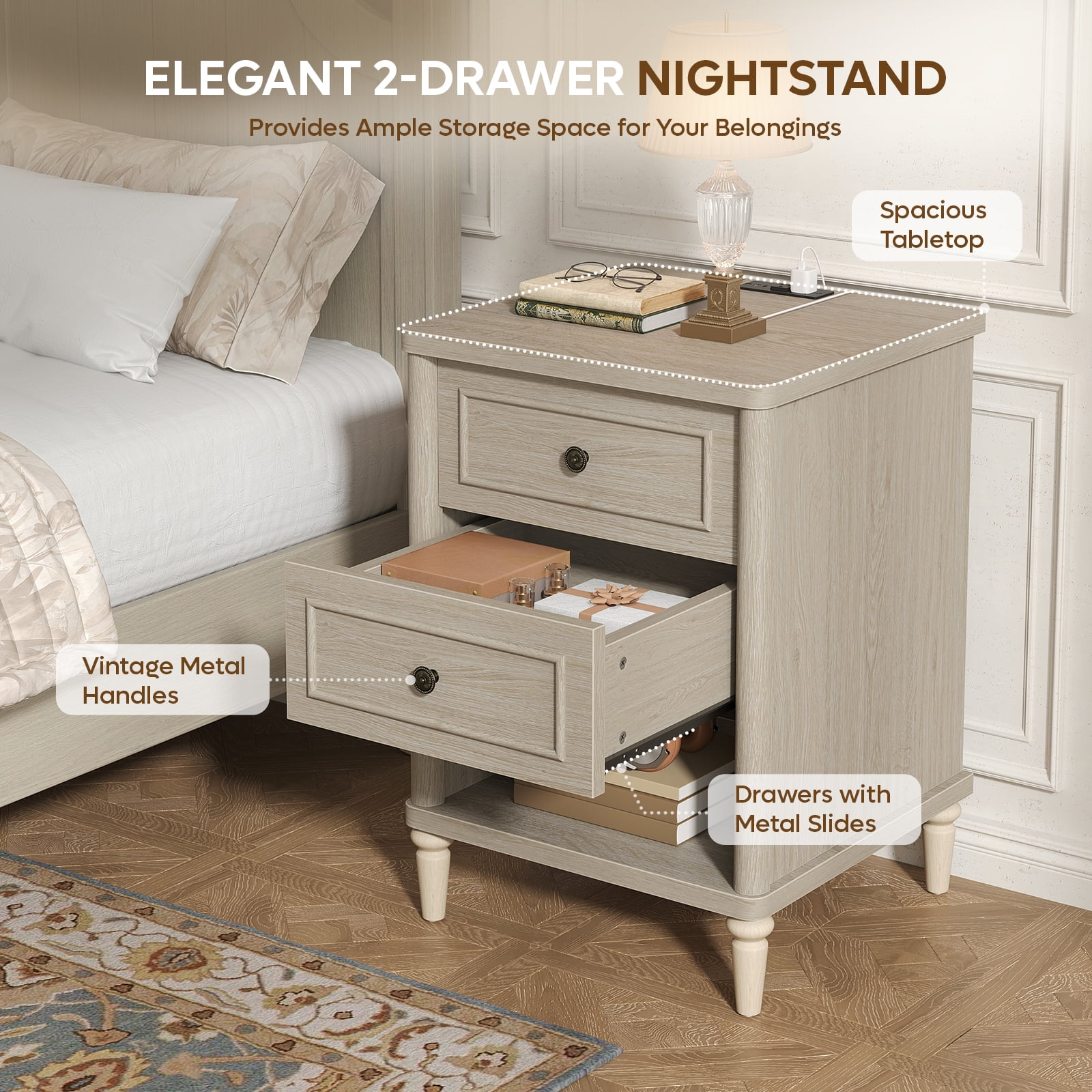 Bestier Farmhouse Nightstand with 2 Drawers, Wood Bedside Table with Charging Station,  Sofa Side End Table Night Stand for Living Room, Bedroom, Home Office, Light Oak