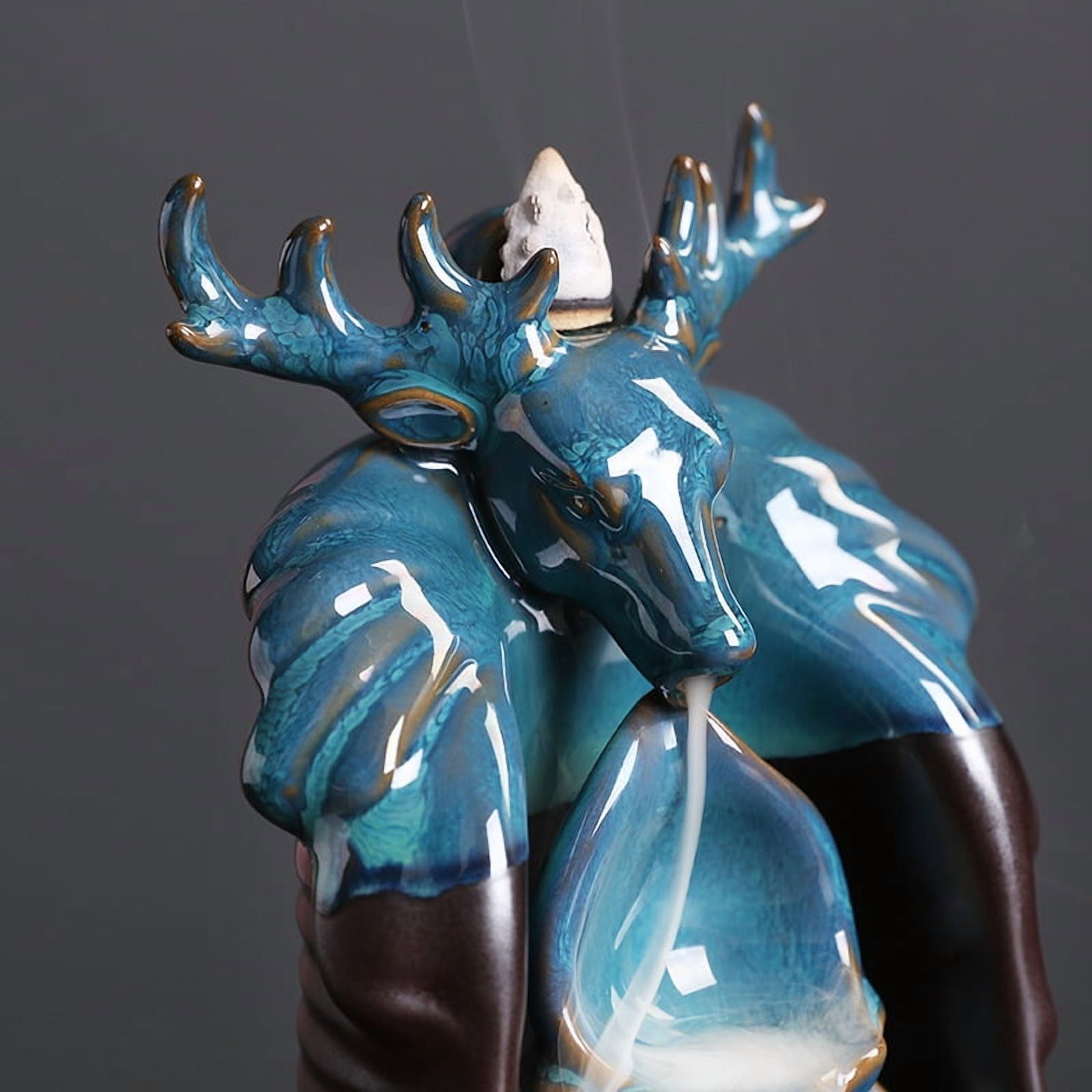 Ceramic Deer Head Reverse Flow Incense Burner Creative Smoke Incense Holder for Yoga Room Home Decoration