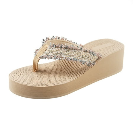 

Flip Flops for Women Fashion Women Beach Breathable Sandals Home Slipper Flip-Flops Wedges Shoes Flip Flops Cloth Khaki 37