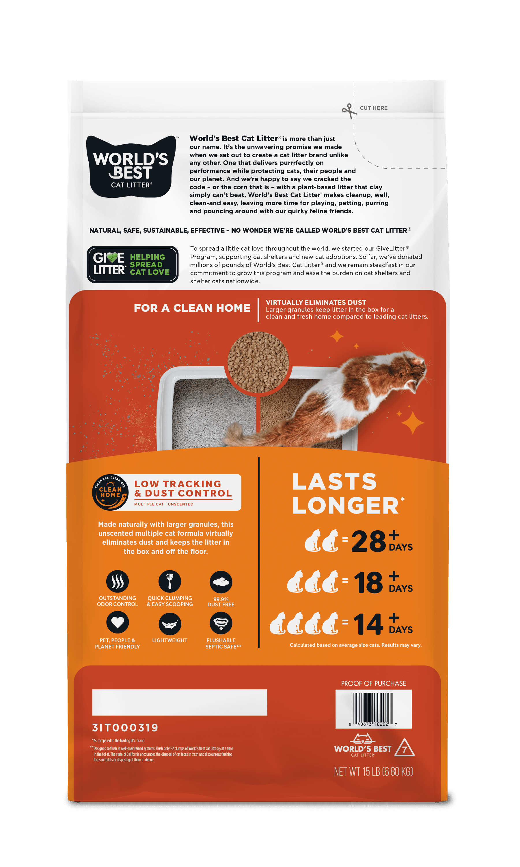 WORLD'S BEST CAT LITTER Low Tracking & Dust Control Multiple Cat Unscented - Natural Ingredients, Quick Clumping, Flushable - Long-Lasting Odor Control & Easy Scooping- 15 lb Bag - product image