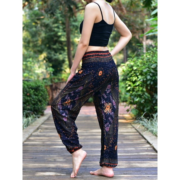 Bohotusk Black Moonshine Print Elasticated Smocked Waist Womens Harem Pants S/M