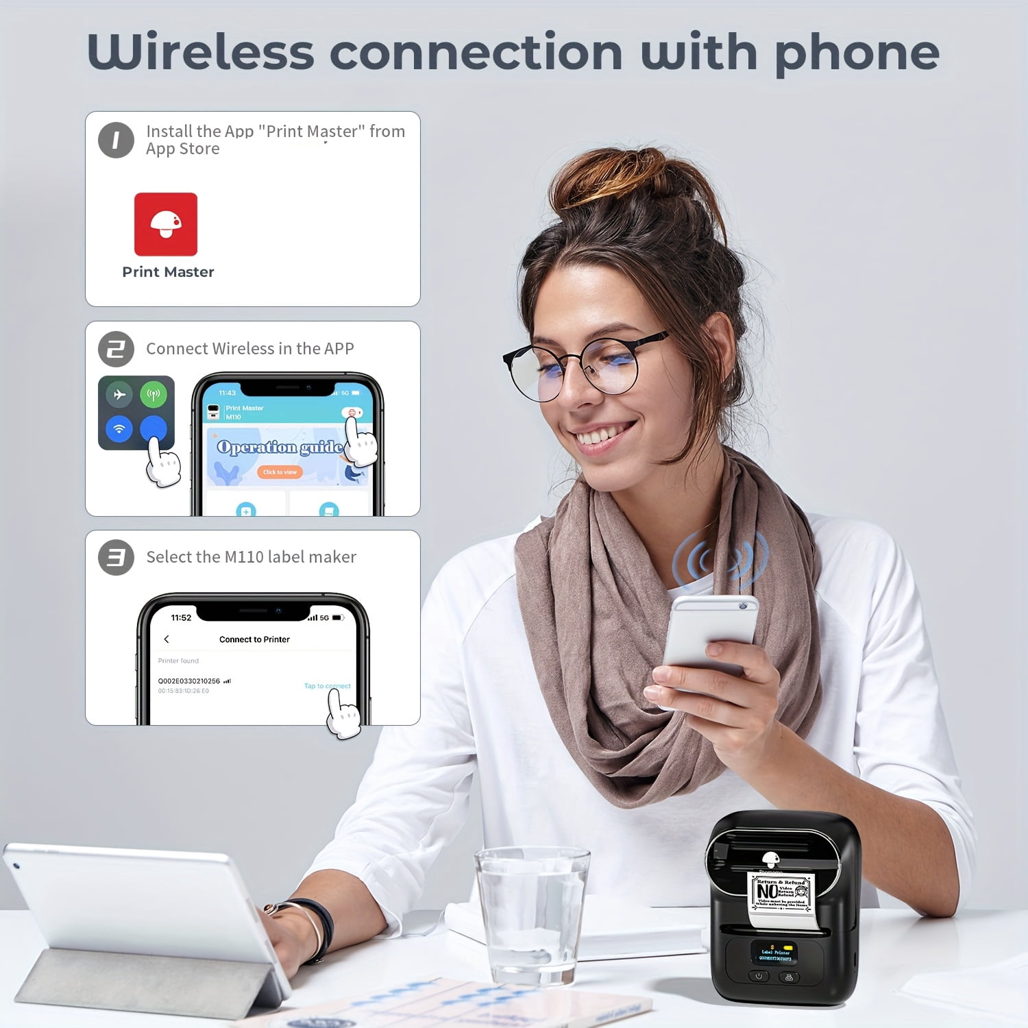 M110 Label Maker Portable Label Printer, Sticker Printer For Small Business, Address, Office, Gift, Picture, Inkless Barcode Label Printer + 1 Rolls Thermal Paper + 1 Storage bag（black）