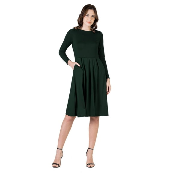 24seven Comfort Apparel Womens Midi Length Fit N Flare Pocket Dress-R0066161-HUNT-L