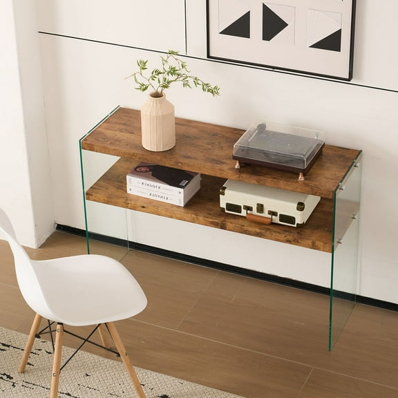 S-HOME Big Side Table Featuring Walnut MDF Body And Durable Tempered Glass Desk For Modern Home Decor