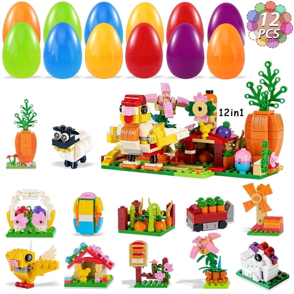 12 Easter Mini Building Bricks Sets - Bulk Easter Egg Fillers Toys, Basket Stuffers for Boys Girls, Classroom Prizes & Holiday Gift Ideas