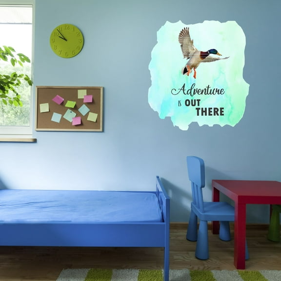 Watercolor Decal Adventure Is Out There Bedroom Wall Decal for Children Mallard Bird Blue Watercolor Background Cute Themed Room Decal - Size: 27 In x 30 In