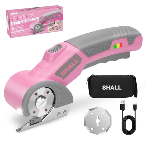 SHALL 4V Cordless Electric Scissors, Rechargeable Cardboard Cutter, Rotary Electric Box Cutter w/Safety Lock, LED Light & Replacement Blade for Fabric, Leather, Carpet, Cardboard & Plastic, Pink