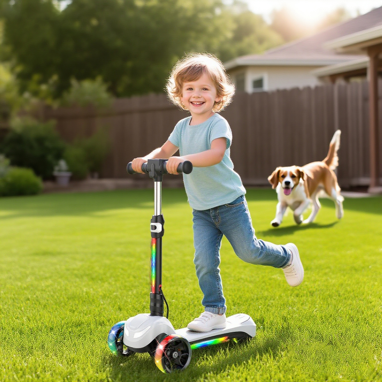 Electric Scooter for Kids Age 3-6, Bluetooth & Display Foldable 3-Wheel Escooter, Light-Up Wheels & Pedal Adjustable Scooter, 2-Speed Electric Ride On Toys (White)