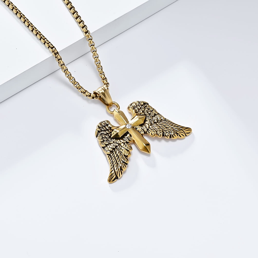 Angel Wing Cross Necklace, Vintage Cross Pendant, Christian Jewelry, Men's Gift, 23.62-inch