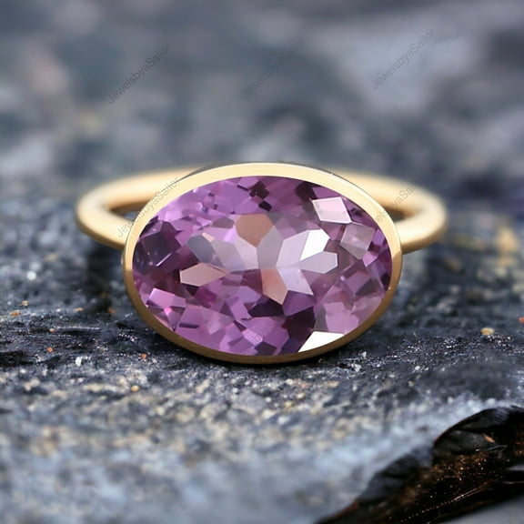 14k Solid Gold Amethyst Ring Elongated Oval Cut Amethyst Jewelry February Birthday Gift Bezel Set Delicate Ring Anniversary Ring For Love