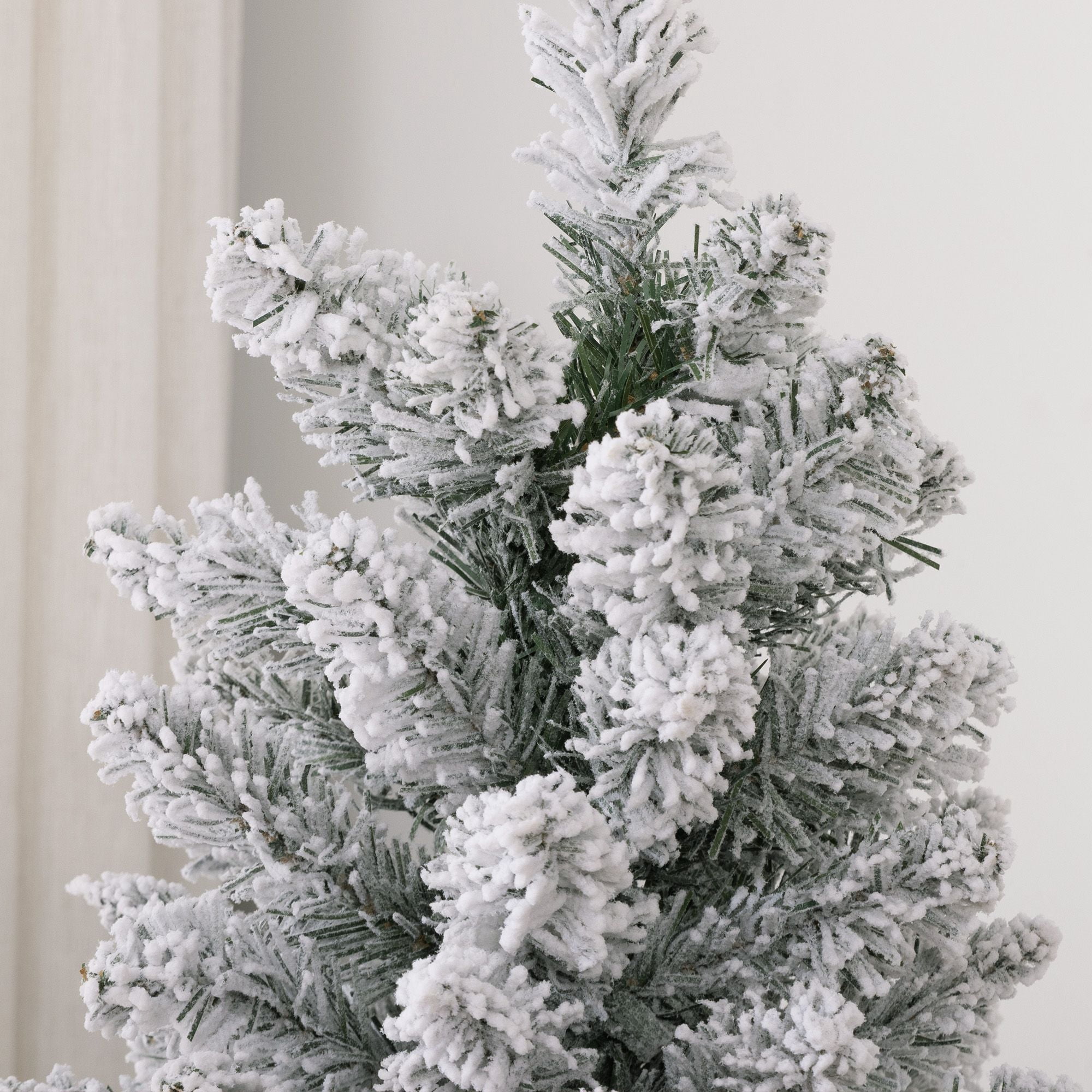 7 ft Artificial Christmas Tree with Snow Flocked Branches, Pencil Shape, Metal Base, 405 Tips, Indoor Holiday Decor