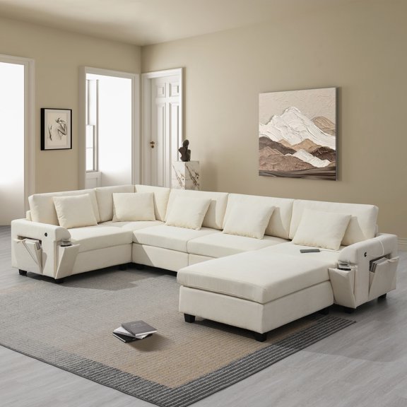 MAYEERTY 128x67" U-Shaped Sectional Sofa - 6-Seat Chenille Couch with Ottoman/Armrest Storage/Cup Holders/USB, Wide Seat for Living Room/Apartment, 2 Colors