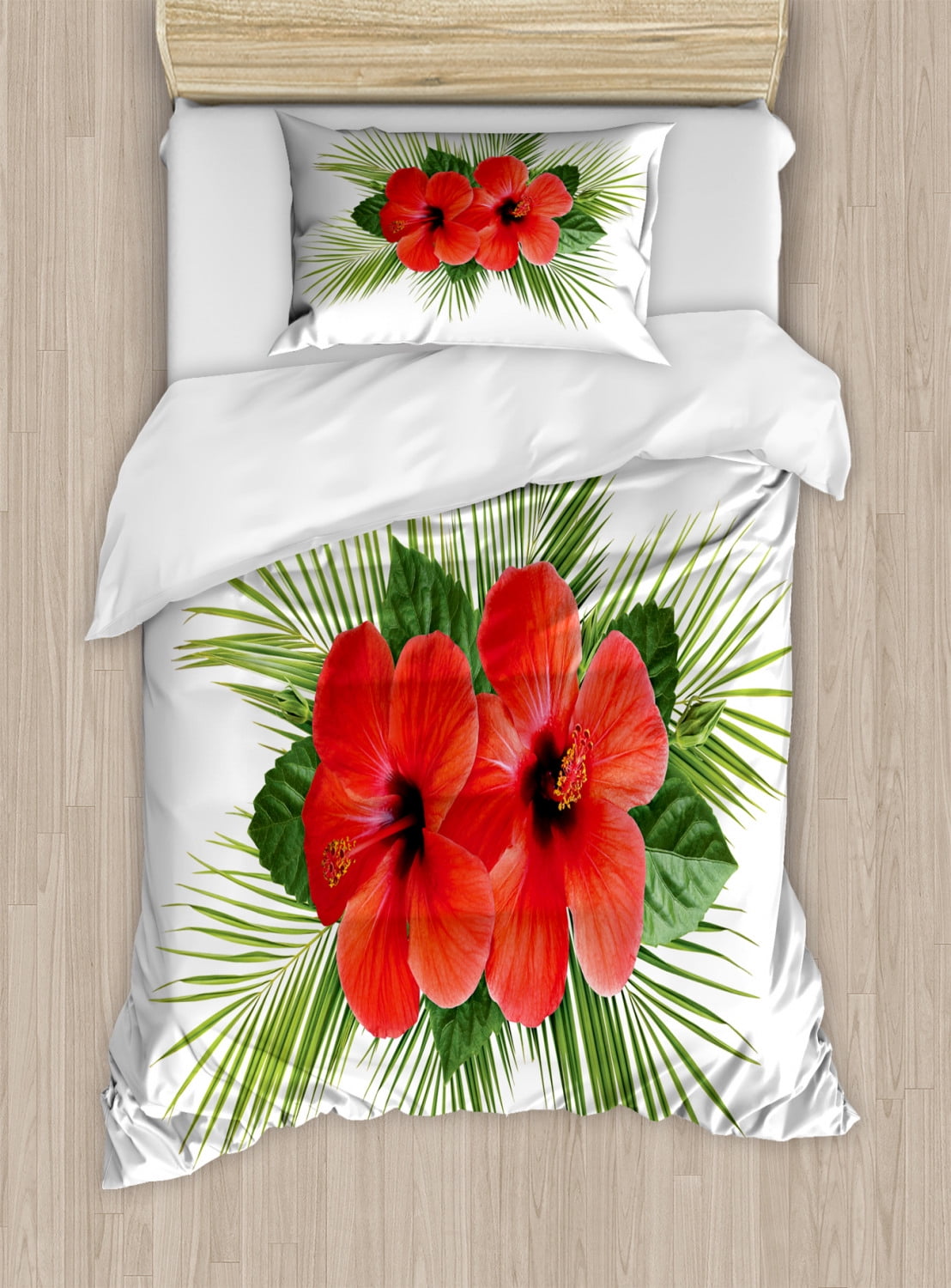 Hibiscus Duvet Cover Set, Simple Summer Design of 2 Petal Flowers and Leaf Bouquet, Decorative