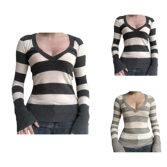 Pullover Sweaters for Women 2025 Long Sleeve Deep V Neck Slim Fit Striped Knitted Sweater Tops Fall Winter Outfits