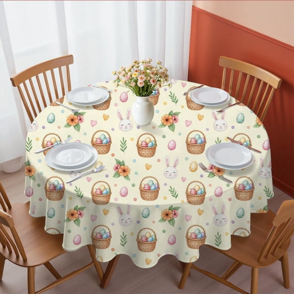 Easter and Easter Baskets Cream Yellow Pattern Round Tablecloth 60", Wrinkle-Resistant Wipeable Cover for Kitchen, Dining, Picnic & Patio