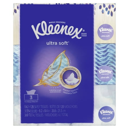 Kleenex Facial Tissues, Ultra Soft & Strong, 120 tissues, 3 pk (Designs May Vary)