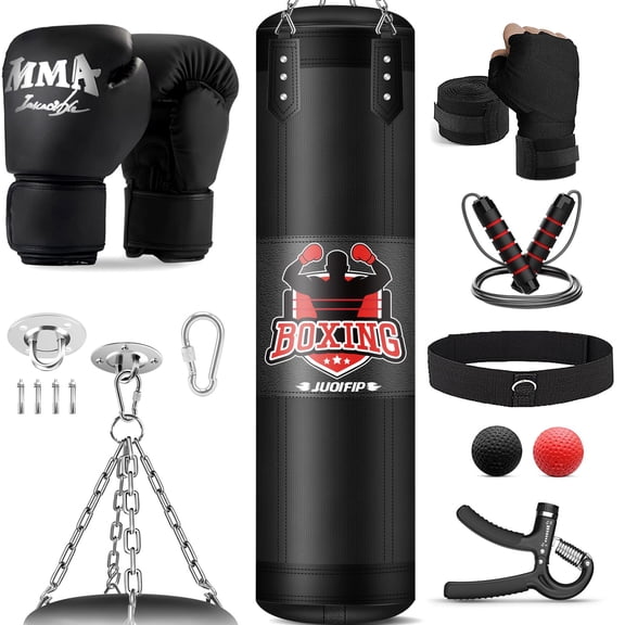 Hanging Punching Bag for Adults, 4FT PU Heavy Boxing Bag Set with 12OZ Gloves with Chain Ceiling Hook Suitable for Home Gym MMA Karate Kickboxing Boxing Muay Thai Training(Unfilled)