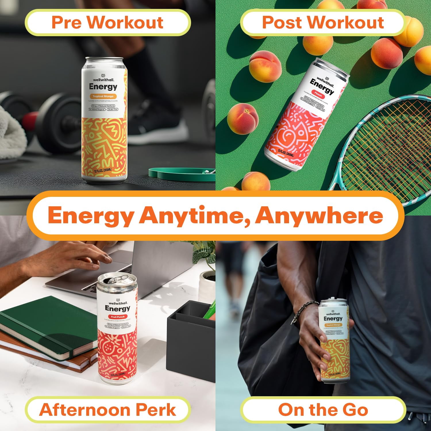 WellWithAll Energy Drink - Tropical Mango - Natural Caffeine - Lightly Sparkling 12 oz, 12 Pack