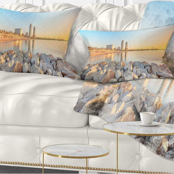 Designart Barceloneta Beach in Barcelona - Seashore Photo Throw Pillow - 12x20