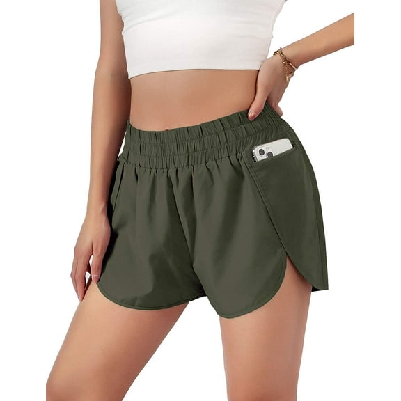Womens Quick-Dry Running Shorts Sport Layer Elastic Waist Active Workout Shorts with Pockets C