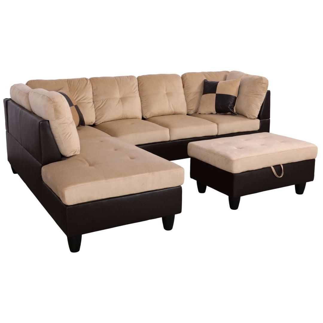 Hommoo Lint&PVC L Shaped Sectional Sofa, Sectional Couch Sofa, Modern Living Room Furniture Sets, Beige and Brown(No Ottoman)