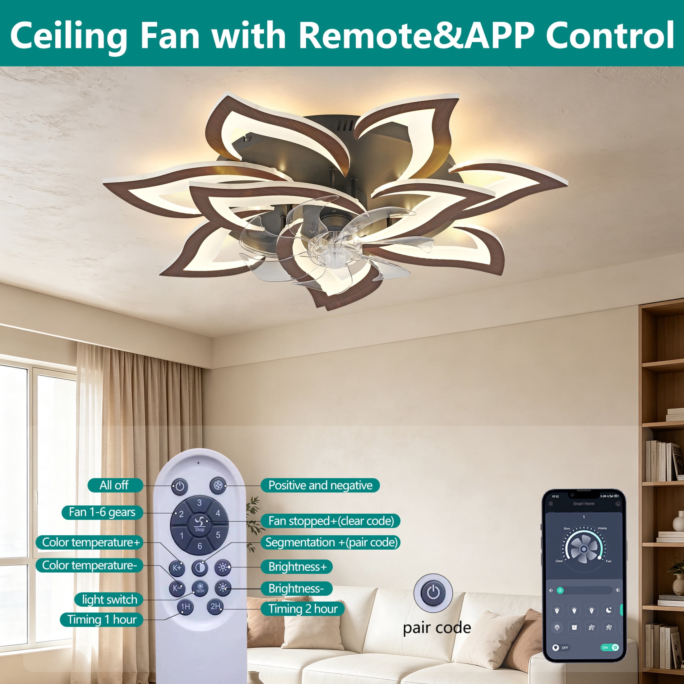 GDF Studio 10-Head Flower Modern Ceiling Fan with LED Lights & Remote Control, Low Profile Flush Mount Fandelier, Wood