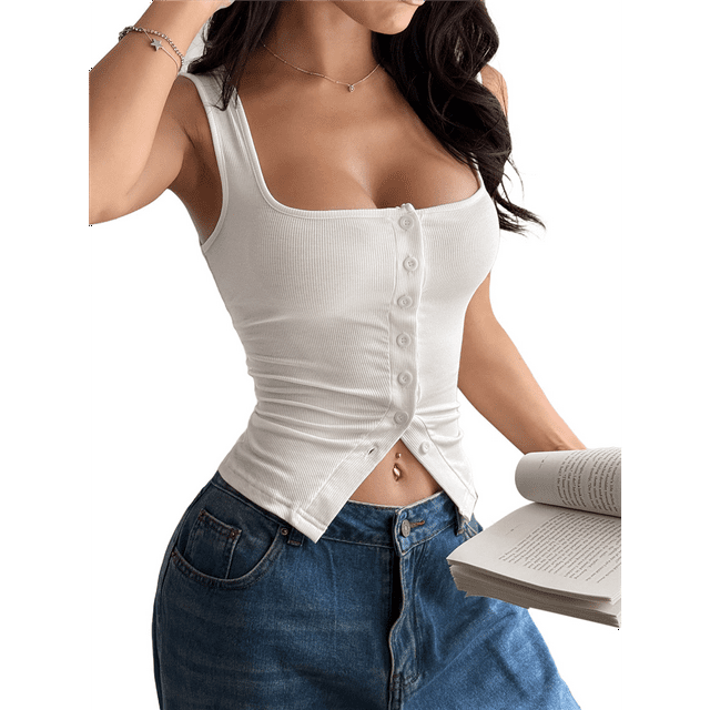 Womens Square Neck Button Down Ribbed Tank Tops Cute Sleeveless Summer Tops White XL