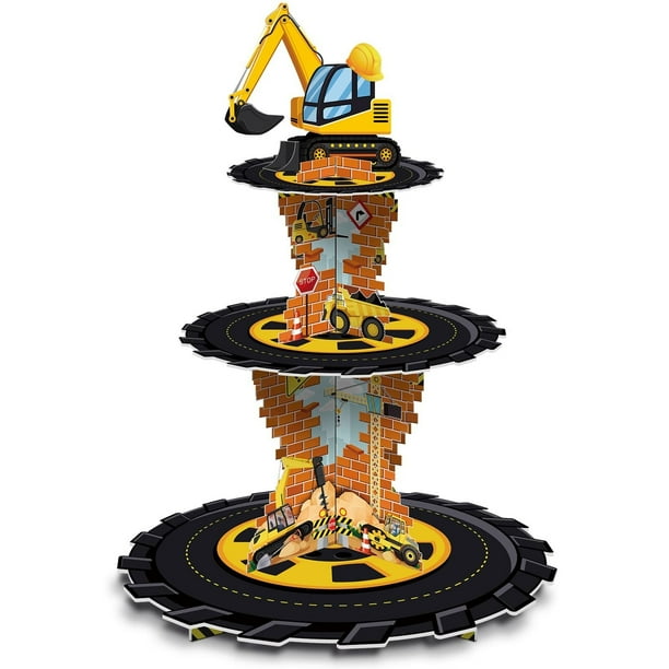 Decoración de cumpleaños de construcción de 3 niveles con temática de construcción para magdalenas, soporte de cartón, camión volquete, expositor de postre, soporte para torre de magdalenas