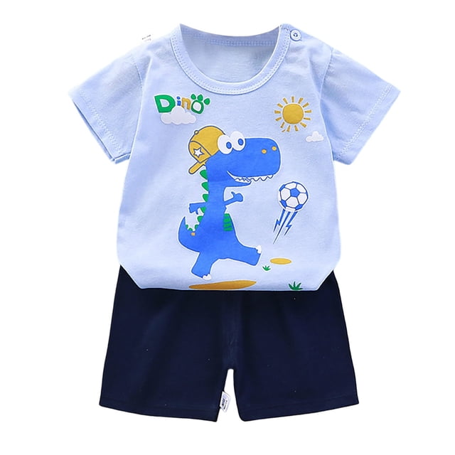 PMVFHDE Toddler Boys' Dinosaur Print Short Sleeve Top & Shorts Set - Soft Cotton Summer Sleepwear, Loungewear, Playwear Cartoon Dino Design, Breathable & Comfortable Outfit e-Light Blue,6-12 Months