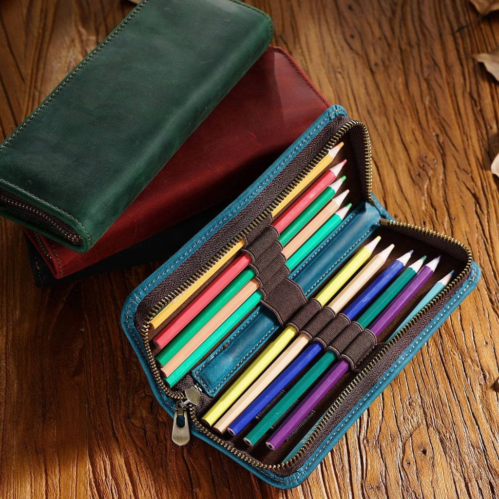 Leather Pen Case Zippered Leather Pen Pouches Elastic Pen Slots for Women Men