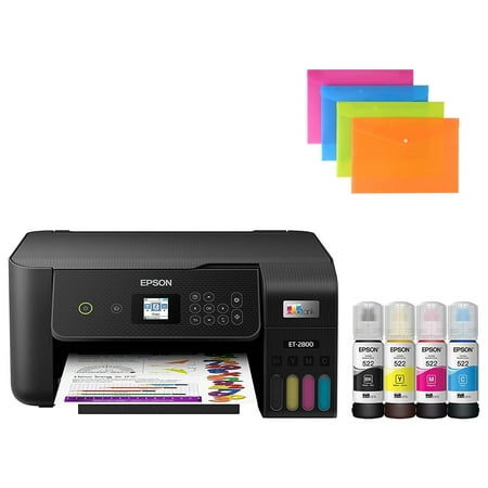 Epson EcoTank ET-2800 Wireless Color All-in-One Cartridge-Free Supertank Printer, Print & Copy & Scan, 1200 x 2400 dpi, Home Office, Black, Bundle with File Folders