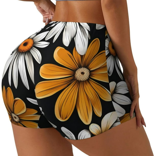 Fotbe Yellow White Daisy Pattern Shorts Sin Costuras – Shorts Deportivos de Cintura Alta para Mujer, Elásticos para Gimnasio, Yoga, Running o Ciclismo-X-Large