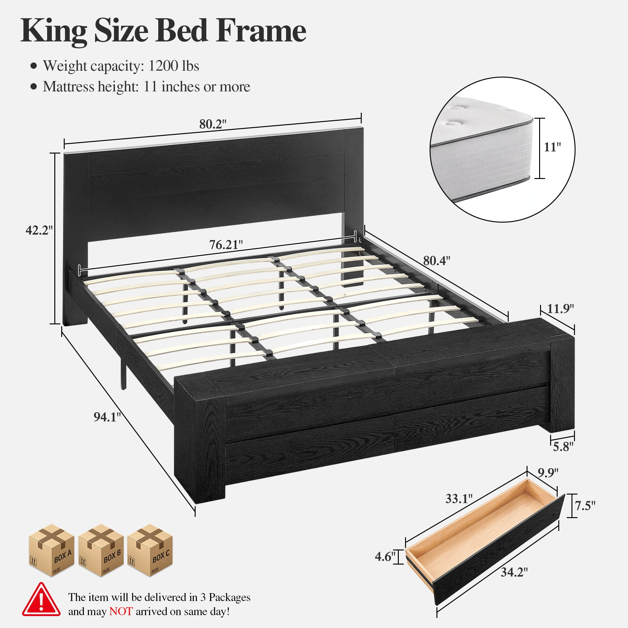 KeyWhat Modern King Size Storage Bed Frame with Panel Headboard, Footboard Storage Bench, Built-In Drawers, Lift-Up Compartments, No Box Spring Needed, Black Oak