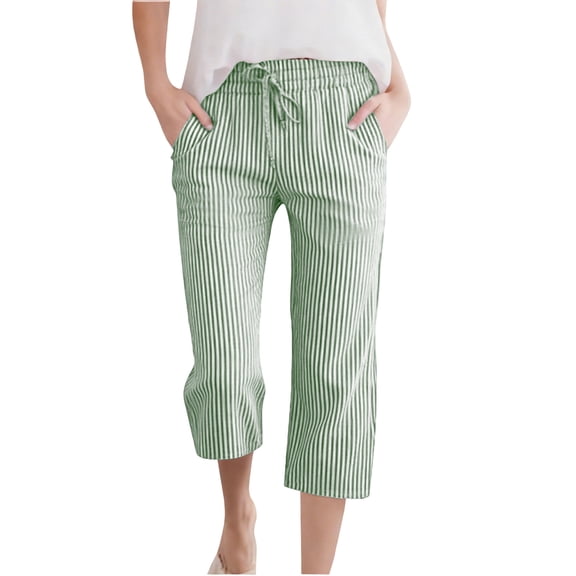 Girls Linen Striped Capris Summer Drawstring Long Wide Leg Capri Pants with Pocket School Casual Beach Outfits Green, 6 Years