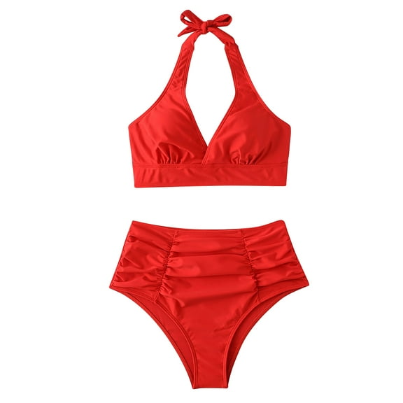 Odeerbi Halter Swimsuits for Women Erogenous With Chest Pad Without Underwire Solid Ruched Bikini Split Swimsuit Navy