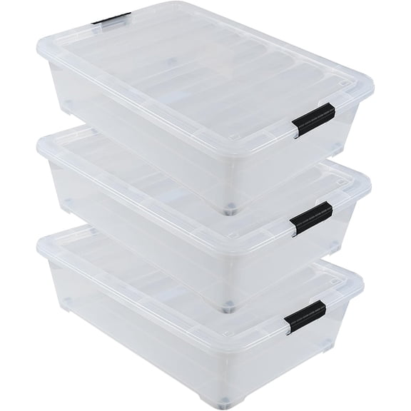 50 Quart Clear Plastic Under Bed Storage Bin with Lid, Underbed Storage Container with Wheels, 3-Pack
