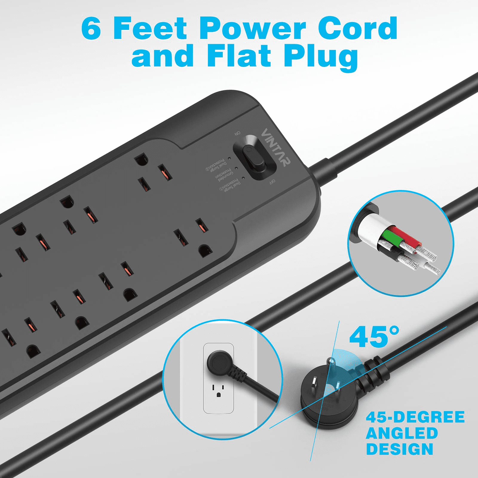 VINTAR 12 Outlets Power Strip Surge Protector with Dual Surge Protection, 6ft Long Extension Cord, 2 × 4800 Joules, 1875W, Black