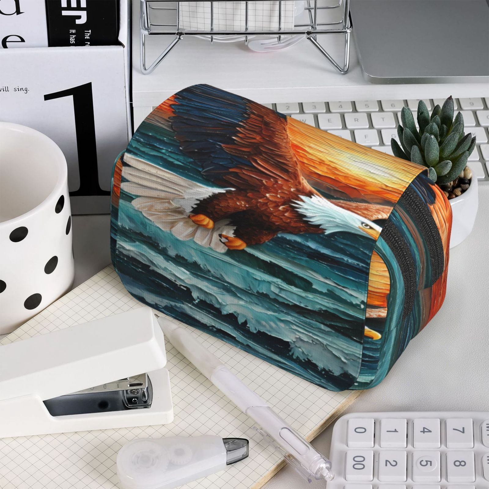 Rateoe Textured Bald Eagle Pattern Double Clamshell Pen Case, Storage Organizer with Two Zipper Compartments– Holds Up to 50 Pencils & Pens