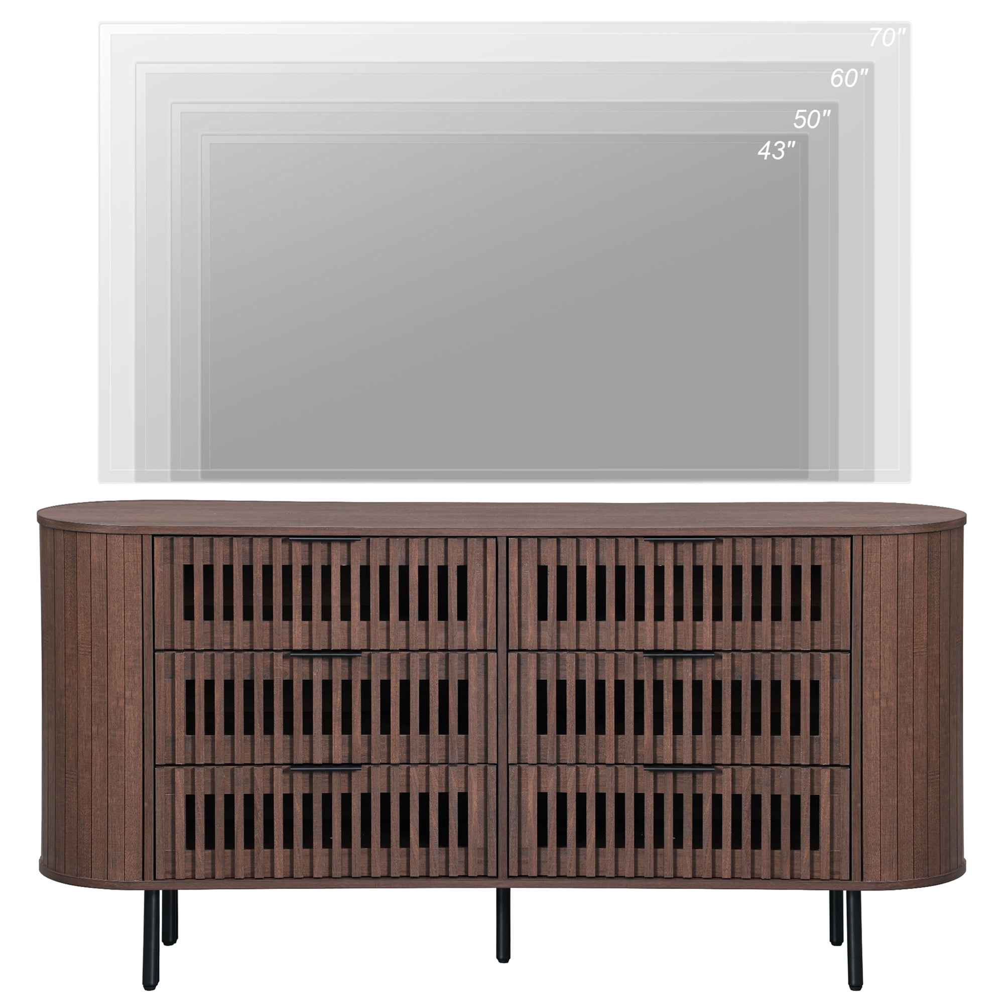 WAMPAT Fluted Dresser TV Stand for 70 Inch TV, Mid Century Modern Entertainment Center with 6 Drawers, Walnut