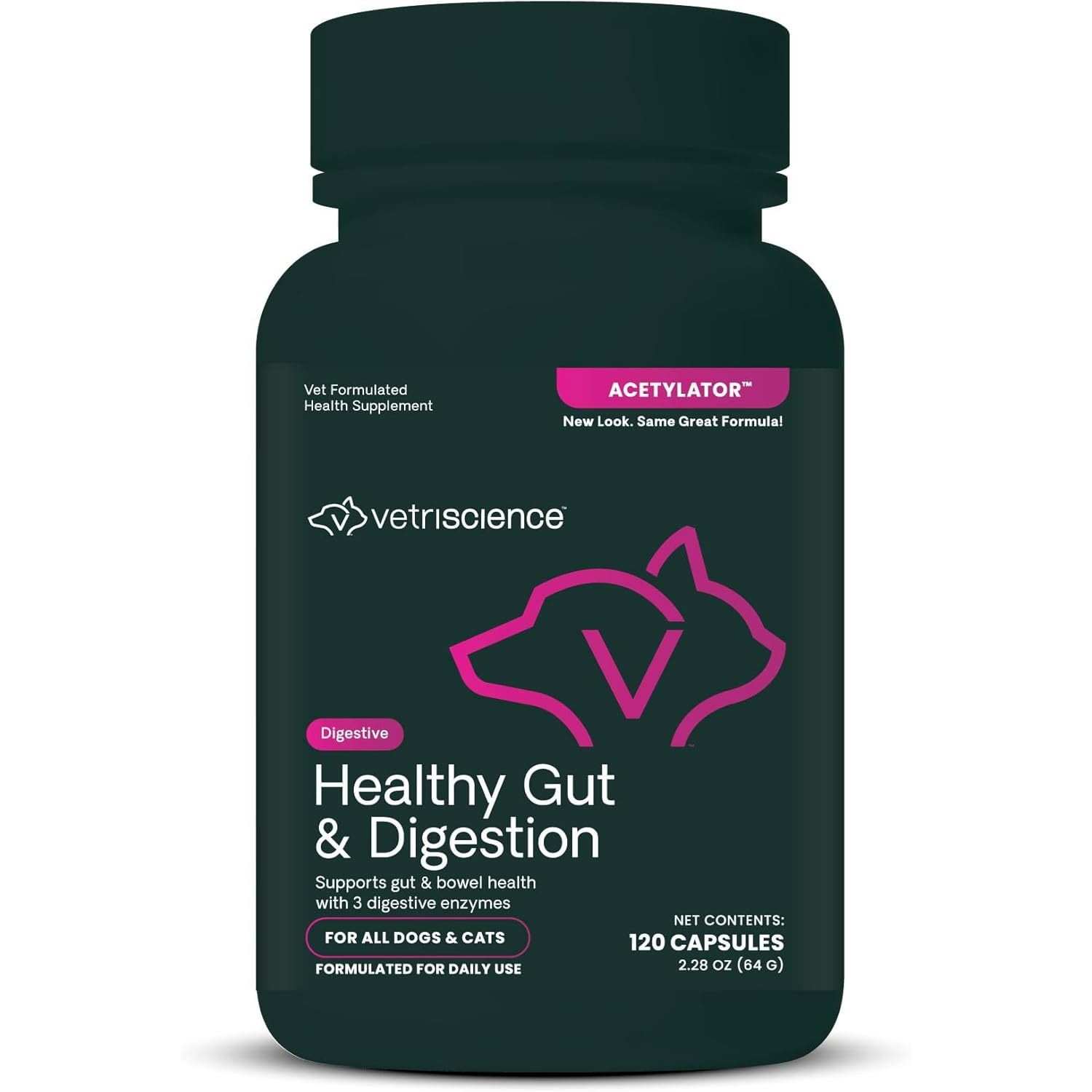 VetriScience Healthy Gut & Digestion Capsules for Dogs & Cats, 120 Count