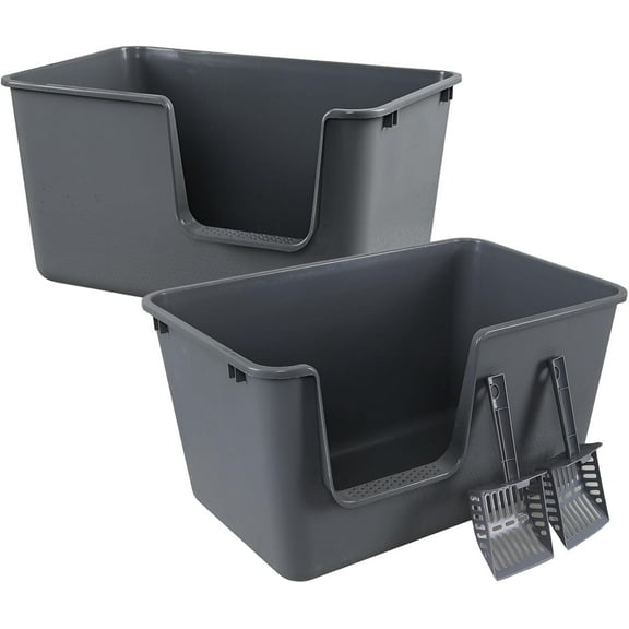 Large Cat Litter Box with High Sides, Easy to Clean, Litter Box for Big Cats&Multiple Cats (Pack of 2, Grey)
