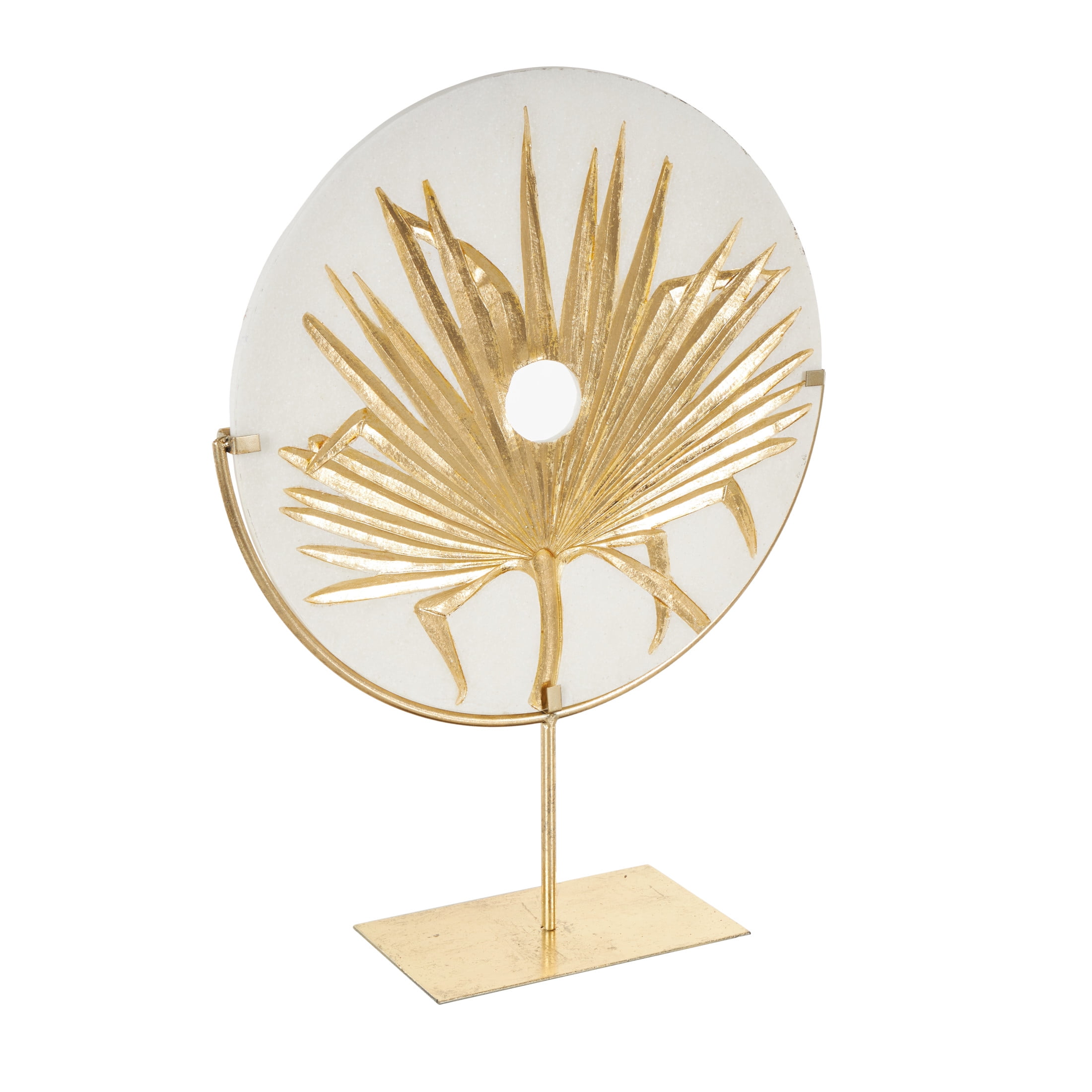 16" x 22" White Polystone Cutout Round Disk Leaf Sculpture with Gold Stand, by DecMode